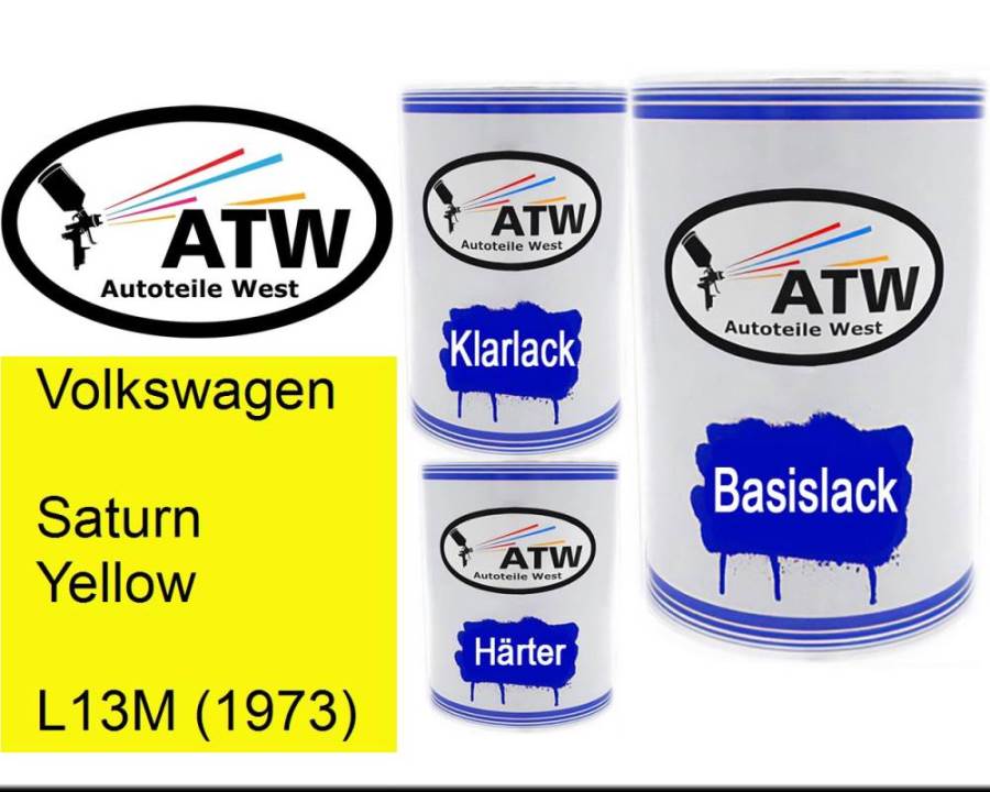 Volkswagen, Saturn Yellow, L13M (1973): 500ml Lackdose + 500ml Klarlack + 250ml Härter - Set, von ATW Autoteile West.